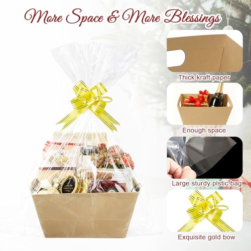 Ysglory 8Pcs Empty Gift Basket Set Thick Kraft Cardboard Basket to Fill with 8 Wrap Bags 8 Bows Large Gift Baskets Box for Christmas, Valentine’s Day, Birthday, Thanksgiving, Wedding - Image 4