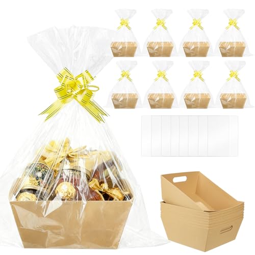Ysglory 8Pcs Empty Gift Basket Set Thick Kraft Cardboard Basket to Fill with 8 Wrap Bags 8 Bows Large Gift Baskets Box for Christmas, Valentine’s Day, Birthday, Thanksgiving, Wedding - Image 1