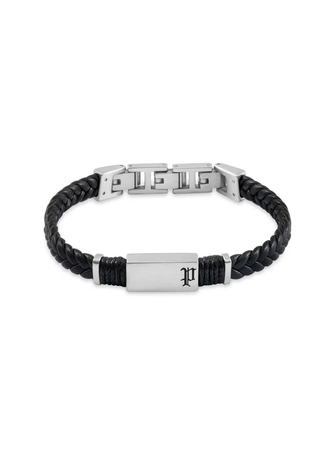 بوليس Ridgecord Black Braided Flat Leather Bracelet for Men