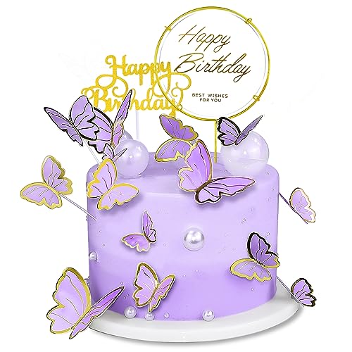 WOW DING 60Pcs Butterfly Cupcake Topper Purple Gold Lively 3D Butterflies with 2Pcs Happy Birthday Topper for Cake Decor Birthday Anniversary Kids Wedding Girl Women Party Wall Food DecorationsMixed Size - Image 1
