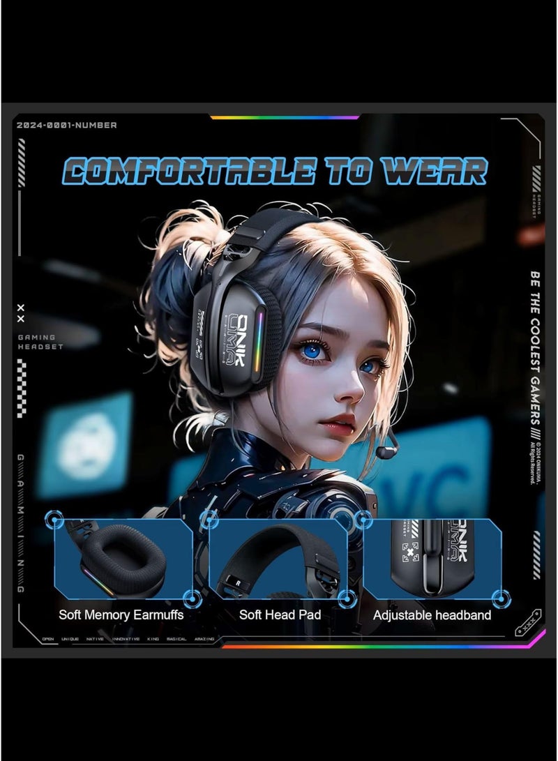 onikuma GT808 Wireless Gaming Headset with Mic | 40mm Drivers | RGB Lighting | 2.4GHz Wireless + Bluetooth 5.3 + Wired | Compatible with PS5, PS4, PC, Mobile, Switch, Mac & Laptop - Image 3
