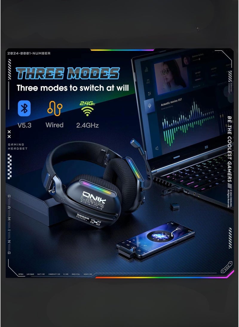 onikuma GT808 Wireless Gaming Headset with Mic | 40mm Drivers | RGB Lighting | 2.4GHz Wireless + Bluetooth 5.3 + Wired | Compatible with PS5, PS4, PC, Mobile, Switch, Mac & Laptop - Image 2