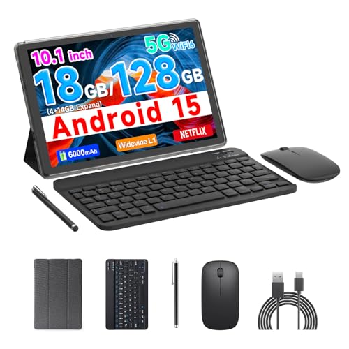 COOPERS Tablet Android 15 10 inch Tablet 18GB RAM128GB ROM 2TB Expandable 20Ghz Quadcore Processor 5G WiFi6 BT50 Dual Cameras 2 in 1 Tablets with Keyboard Case Mouse Stylus Widevine L1 Black - Image 1