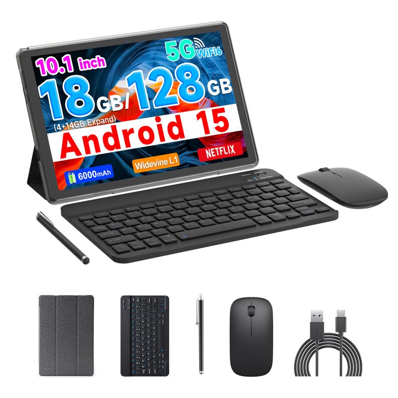 COOPERS Tablet Android 15 10 inch Tablet 18GB RAM128GB ROM 2TB Expandable 20Ghz Quadcore Processor 5G WiFi6 BT50 Dual Cameras 2 in 1 Tablets with Keyboard Case Mouse Stylus Widevine L1 Black - Image 2