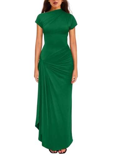 YMDUCH Women's Casual Short Sleeve Boat Neck Ruched High Split Bodycon Long Formal Dress Green - Image 1