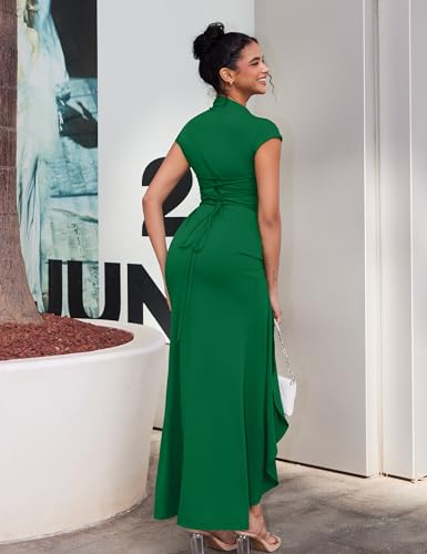 YMDUCH Women's Casual Short Sleeve Boat Neck Ruched High Split Bodycon Long Formal Dress Green - Image 2