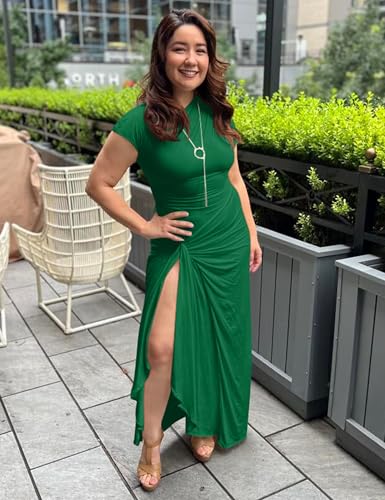 YMDUCH Women's Casual Short Sleeve Boat Neck Ruched High Split Bodycon Long Formal Dress Green - Image 4