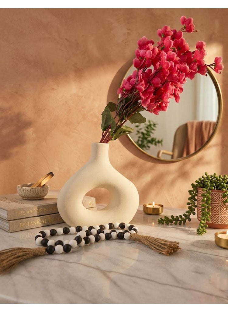 Set of 2 Ceramic Donut Vases with Artificial Cherry Blossoms & Wooden Bead Garland Table Decor - Image 3