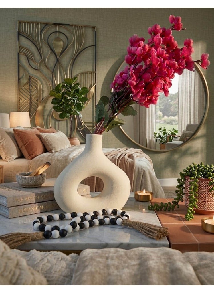 Set of 2 Ceramic Donut Vases with Artificial Cherry Blossoms & Wooden Bead Garland Table Decor - Image 1