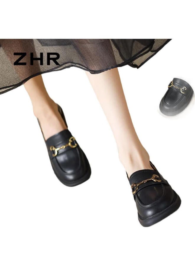 Zhr Women'S Single Shoes, Genuine Leather, British Style Loafers, Fashionable Two-Way Casual Women'S Shoes, Bt38, Black, Size 36 - Image 1
