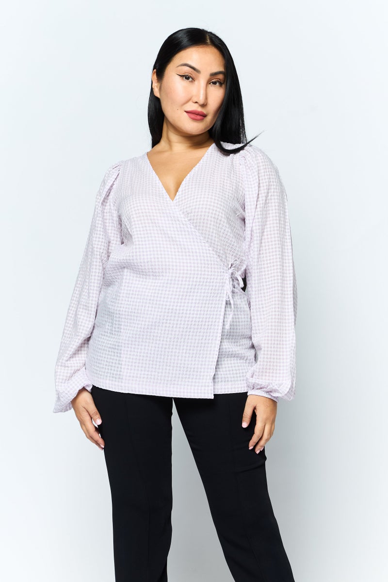 Envii Women Surplice Neck Long Sleeves Checkered Top, Purple - Image 1