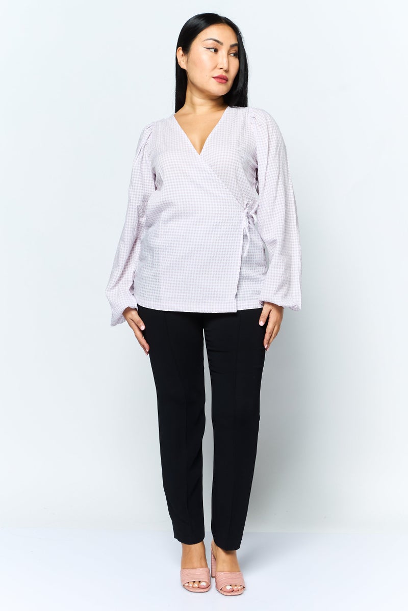 Envii Women Surplice Neck Long Sleeves Checkered Top, Purple - Image 2