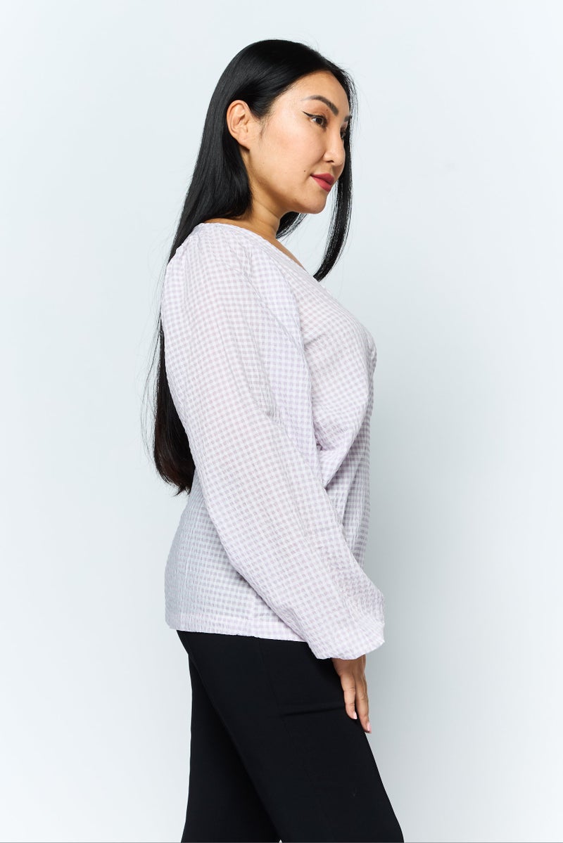 Envii Women Surplice Neck Long Sleeves Checkered Top, Purple - Image 3