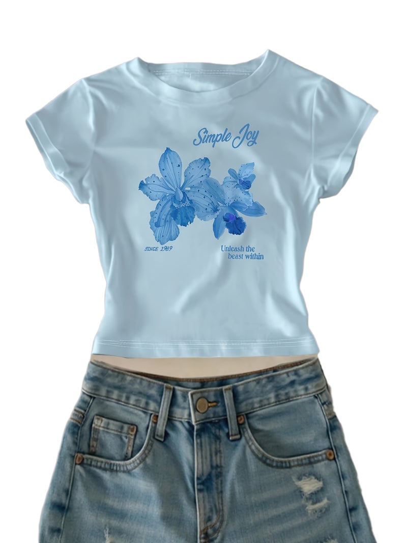 00008 - Women'S Casual Top English Letter Petal Print Girly Heart Sweet Cool American Style Ins Hot Summer T - Shirt - CC75 - Blue 2 / XS - Image 1