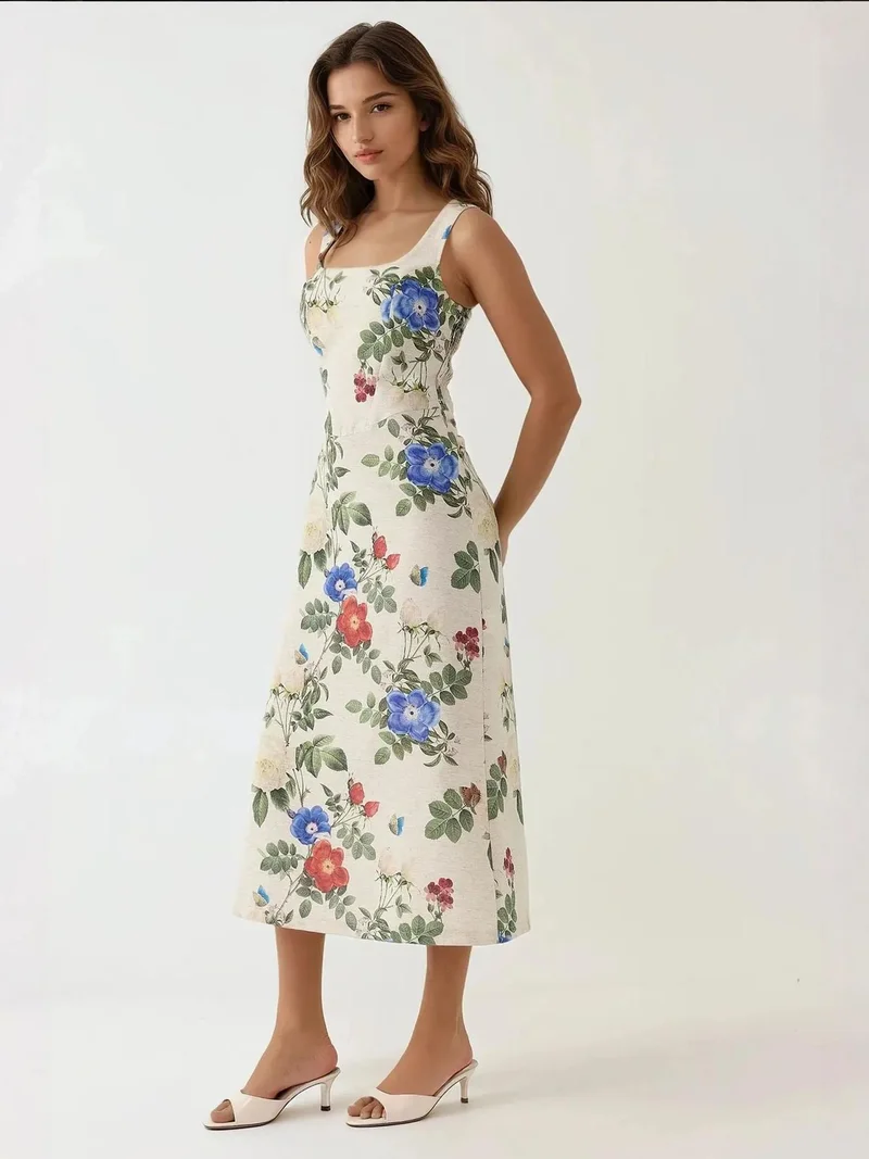 HICCUP Multicolor Linen Feel Allower Floral Print Maxi Dress with Back Elastic Detail for Women | Best Price UAE