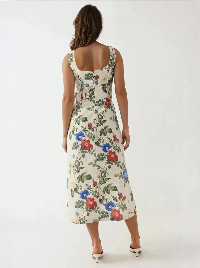 HICCUP Multicolor Linen Feel Allower Floral Print Maxi Dress with Back Elastic Detail for Women | Best Price UAE