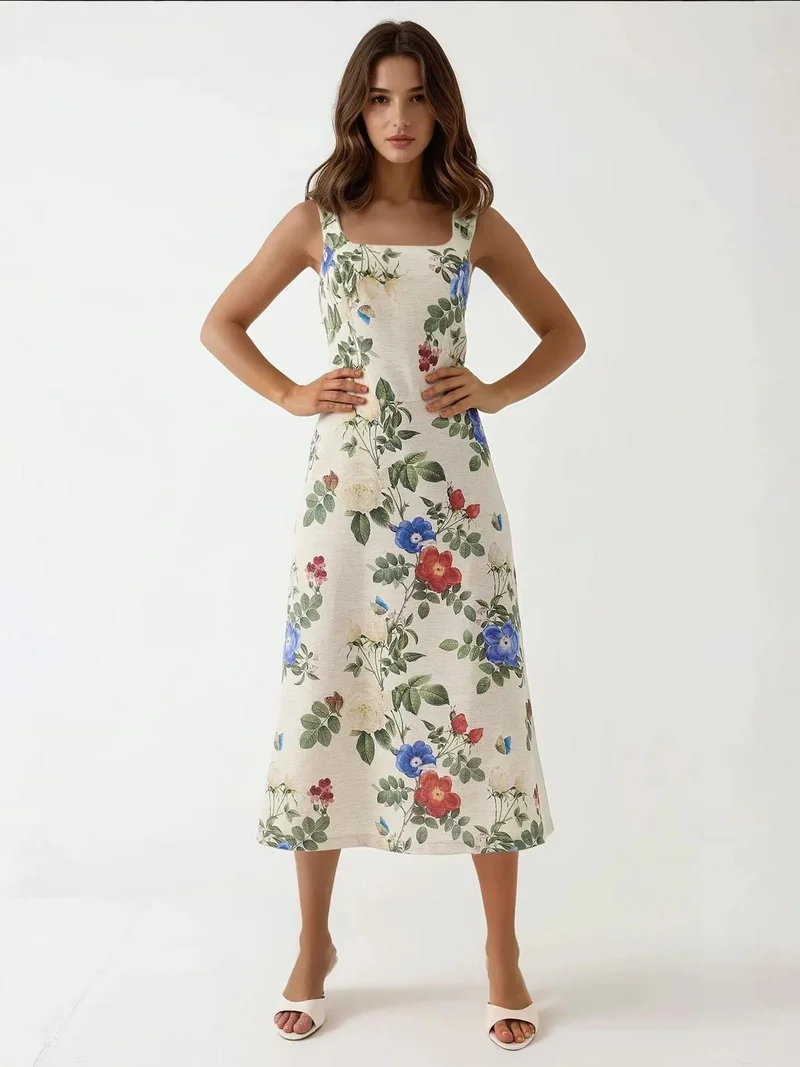 HICCUP Multicolor Linen Feel Allower Floral Print Maxi Dress with Back Elastic Detail for Women | Best Price UAE