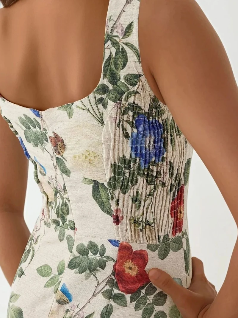 HICCUP Linen Feel Allower Floral Print Maxi Dress with Back Elastic Detail