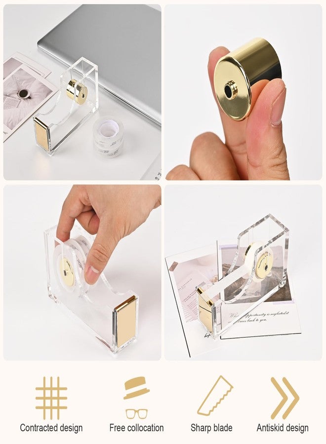 MATEPLUS Clear Desktop Tape Dispenser, Modern Acrylic Tape Dispenser Kit, 1 Inch Core Desktop Adhensive Tape Cutter Holder for Office Desk, Home, School-Gold - Image 3