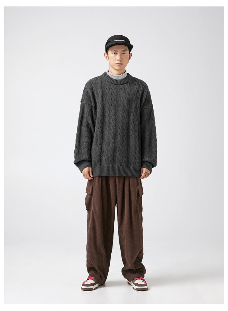 NIBEMINENT Twisted Craft Retro Round Neck Sweater Men's Autumn and Winter Solid Color Loose Twisted Thread Coat Knit Jacket Keep Warm - Image 2