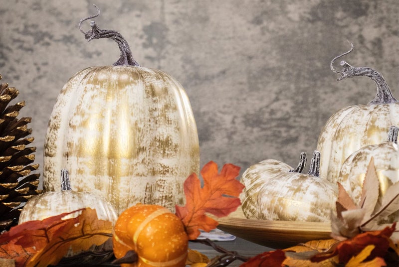 Fsforcar Gold Pumpkins, 12 PCS Thanksgiving Table Decorations for Home, Golden Brushed Rustic Artificial Pumpkin Set Decor for Fall Autumn Harvest Festival, Thanksgiving, Wedding, Outdoor Use - Image 3