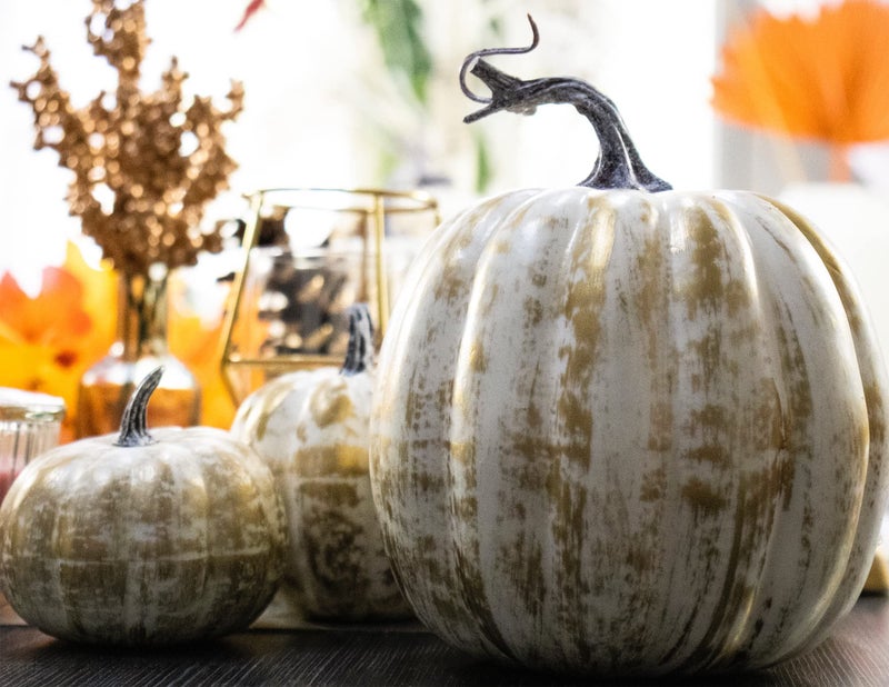 Fsforcar Gold Pumpkins, 12 PCS Thanksgiving Table Decorations for Home, Golden Brushed Rustic Artificial Pumpkin Set Decor for Fall Autumn Harvest Festival, Thanksgiving, Wedding, Outdoor Use - Image 2