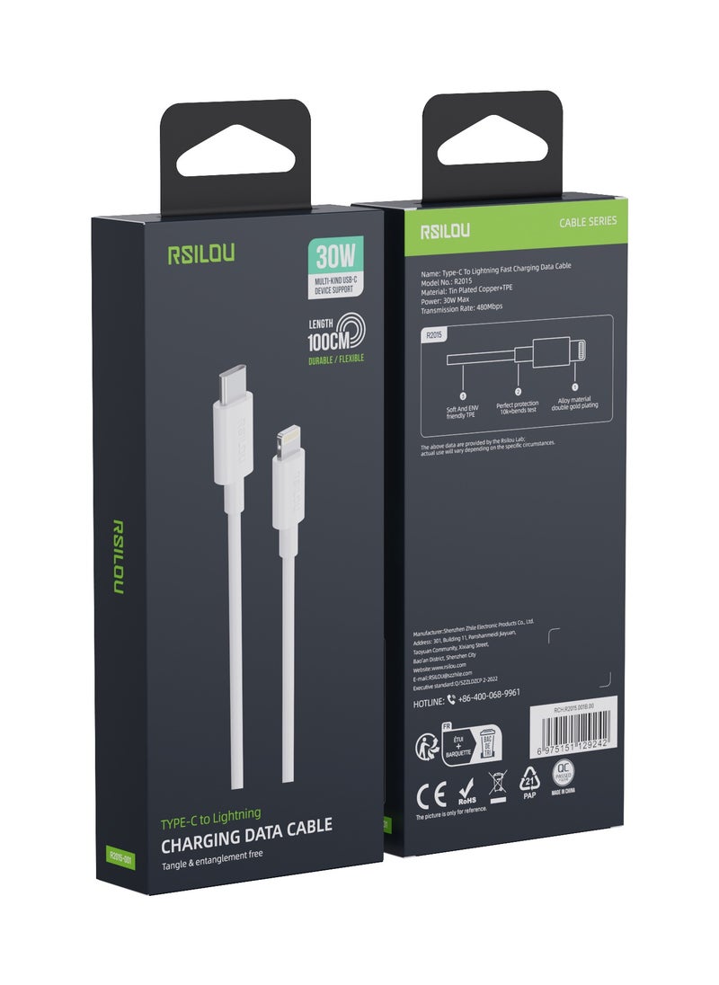 Lighting to USB-C Cable, 30W, High Durability and Flexible, Fast charging and data cable, 1M,  Transmission Copper Wires, Tangle and Entanglement free white