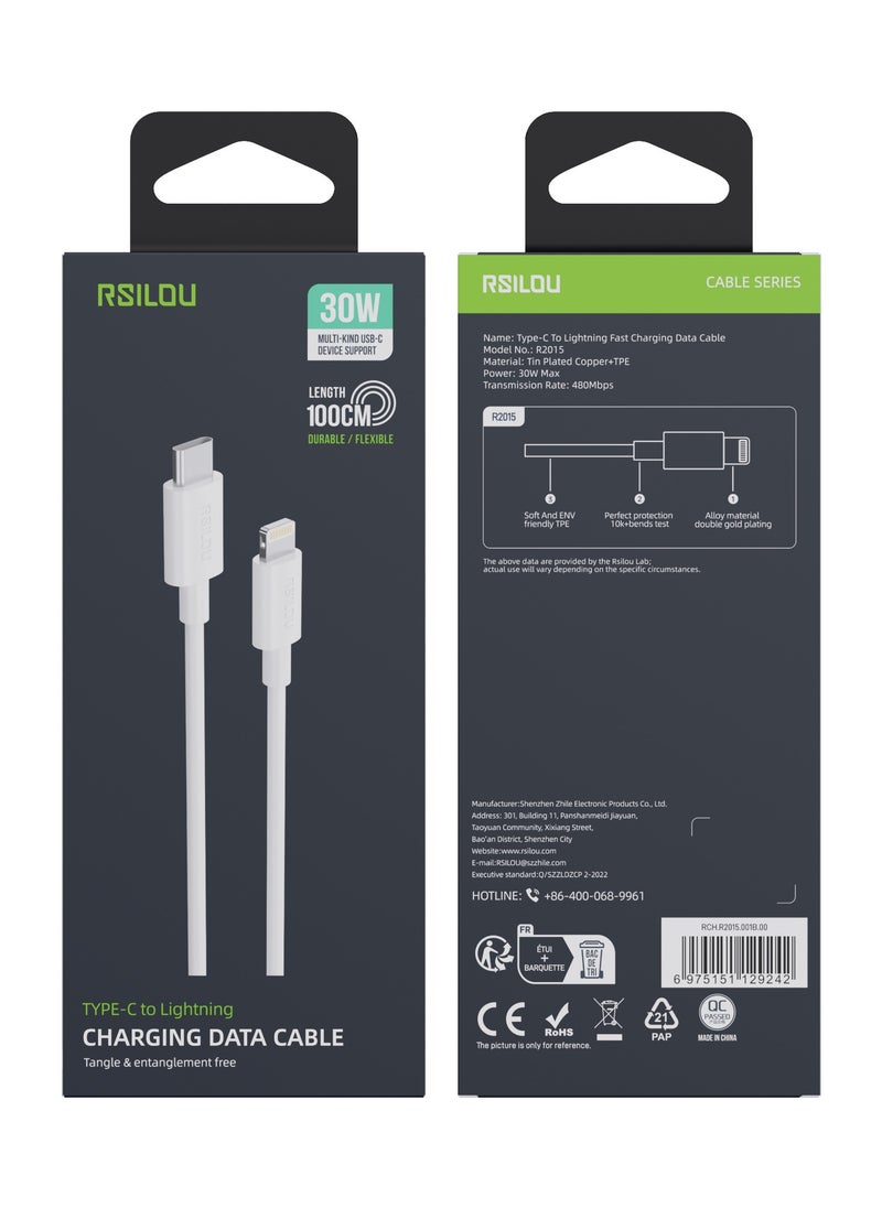 Lighting to USB-C Cable, 30W, High Durability and Flexible, Fast charging and data cable, 1M,  Transmission Copper Wires, Tangle and Entanglement free white