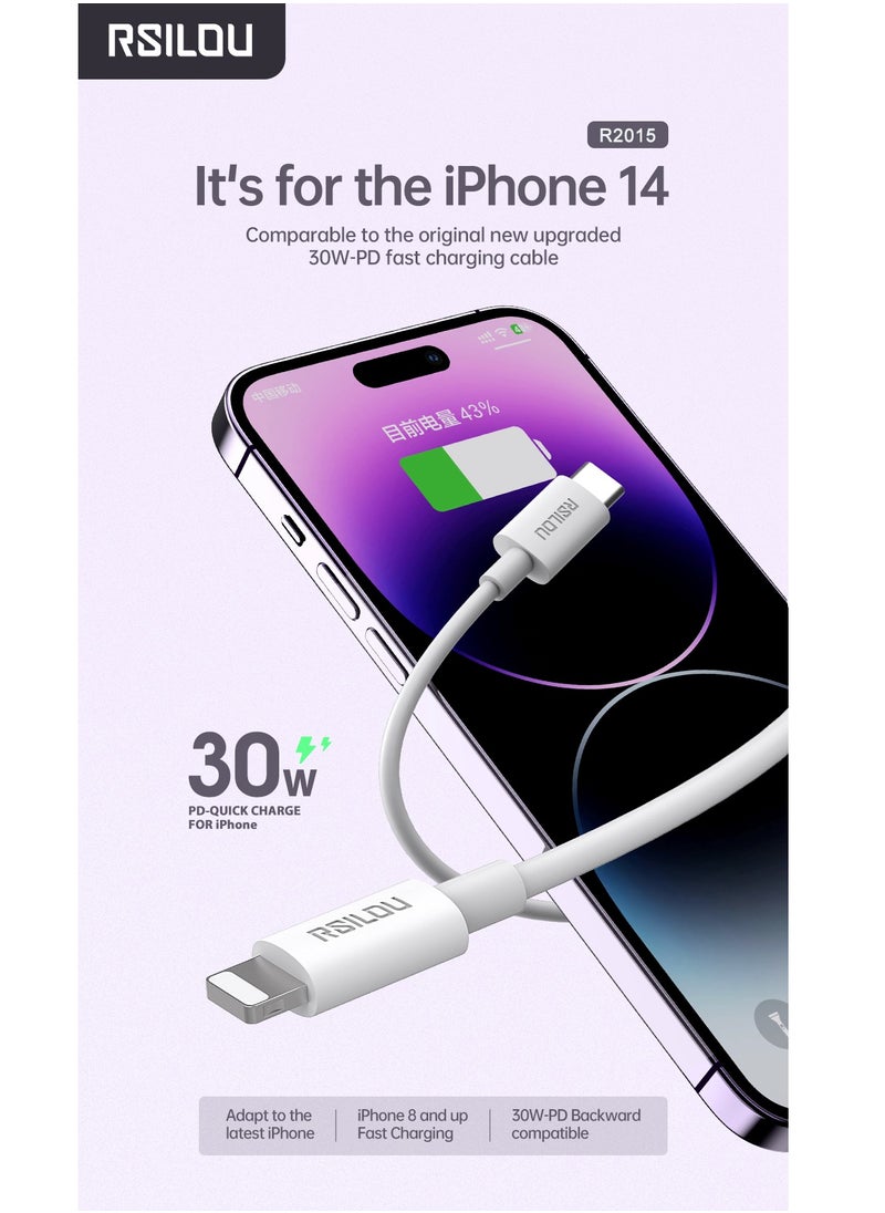 Lighting to USB-C Cable, 30W, High Durability and Flexible, Fast charging and data cable, 1M,  Transmission Copper Wires, Tangle and Entanglement free white