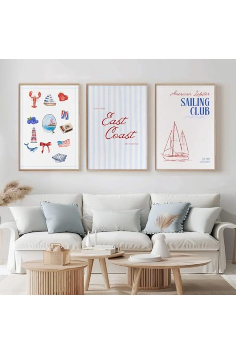 Baccone Coastal Wall Art Preppy Aesthetic Wall Decor Trendy East Coast Wall Art Watercolor Sailboat Prints Vintage Beach Pictures Coastal Poster for Living Room Bedroom 16x24 Inch Unframed Set of 3 - Image 5