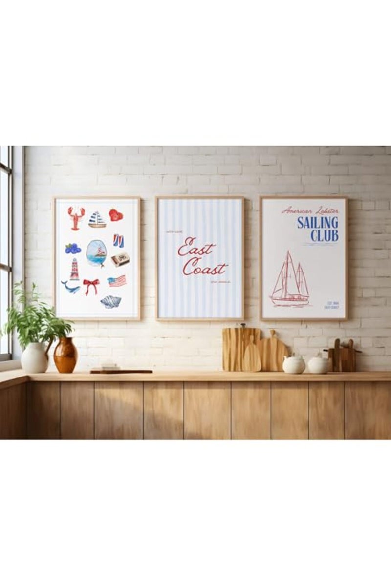 Baccone Coastal Wall Art Preppy Aesthetic Wall Decor Trendy East Coast Wall Art Watercolor Sailboat Prints Vintage Beach Pictures Coastal Poster for Living Room Bedroom 16x24 Inch Unframed Set of 3 - Image 3