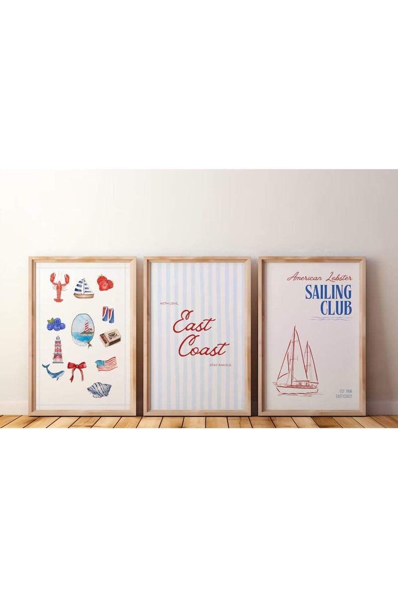Baccone Coastal Wall Art Preppy Aesthetic Wall Decor Trendy East Coast Wall Art Watercolor Sailboat Prints Vintage Beach Pictures Coastal Poster for Living Room Bedroom 16x24 Inch Unframed Set of 3 - Image 1