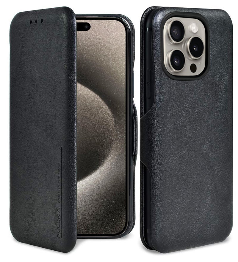 PULOKA Premium Vegan Leather Phone Cover Compatible with iPhone 15 PRO - Sleek Flip Case with Card Slot - Slim, Durable, Privacy Protection - Kickstand Function - Elegant Flip Wallet Cases - Black - Image 1