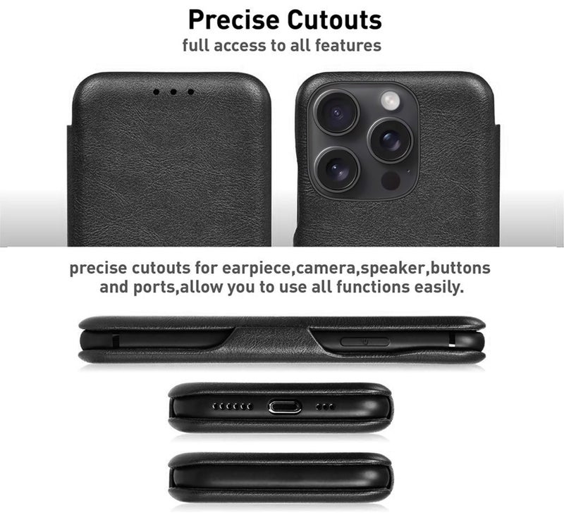 PULOKA Premium Vegan Leather Phone Cover Compatible with iPhone 15 PRO - Sleek Flip Case with Card Slot - Slim, Durable, Privacy Protection - Kickstand Function - Elegant Flip Wallet Cases - Black - Image 3