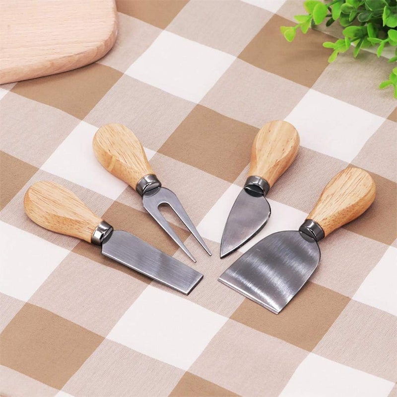 4 Piece Travel Cheese Knife Set, Stainless Steel Cheese Cutter and Bamboo Wood Handle - Cheese Cutter, Cheese Knife, Blade, Fork and Spreader, Wooden Handle - Now Available in Pegui Bell