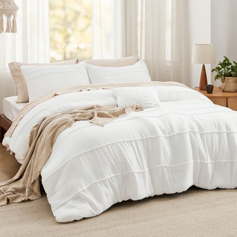 Bedsure White Queen Comforter Set - 4 Pieces Pinch Pleat Bed Set, Down Alternative Bedding Sets for All Season, 1 Comforter, 2 Pillowcases, 1 Decorative Pillow - Image 1