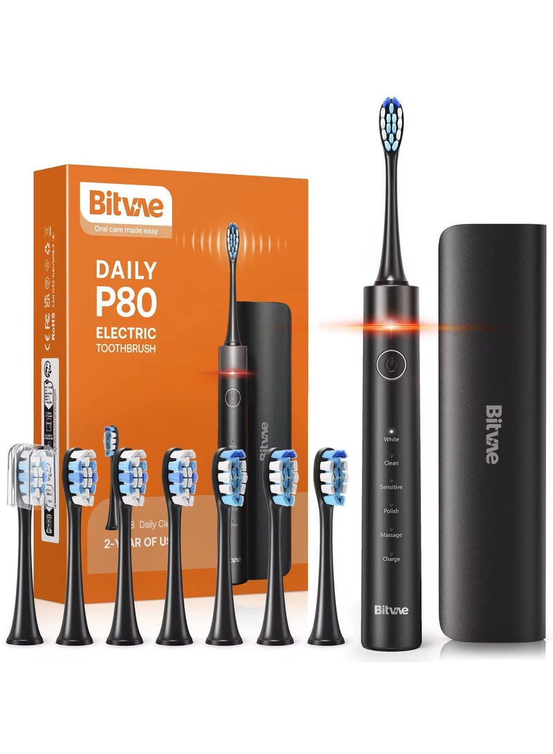 Bitvae Sonic Electric Toothbrush for Adults Black – Rechargeable Ultrasonic Tooth Brush with 5 Smart Modes, 8 Dupont Brush Heads, Fast USB Charging (2H), 30 Days Battery, Travel Case, IPX7 Waterproof, Soft “W” Shaped Bristles for Deep Cleansing, Whitening & Gum Care – Professional Dentist Recommended Toothbrush for Home, Travel & Office - Image 1