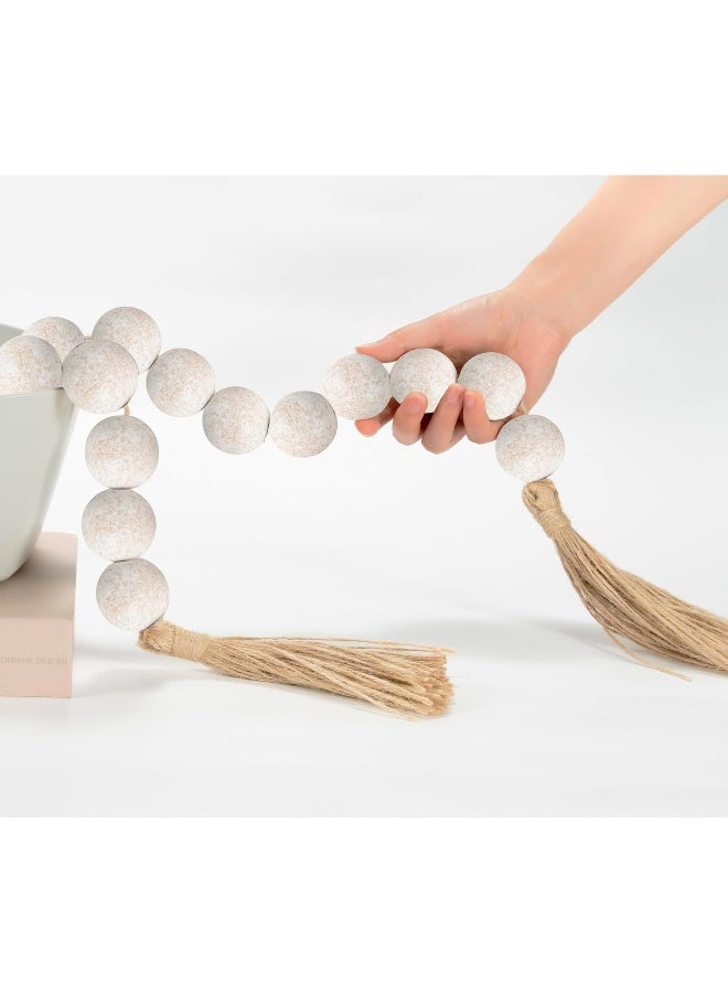 OMISHE OMISHE 76" Long Large Wood Bead Garland with 1.6" Diameter Wooden Beads and Tassels, Rustic Farmhouse Country Wood Beads Garland for Home Tiered Tray Decor, Decorative Beads with Tassels Rustic White  - Image 1