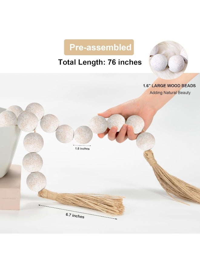 OMISHE OMISHE 76" Long Large Wood Bead Garland with 1.6" Diameter Wooden Beads and Tassels, Rustic Farmhouse Country Wood Beads Garland for Home Tiered Tray Decor, Decorative Beads with Tassels Rustic White  - Image 4