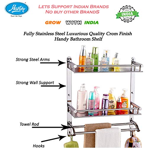 HANDY Stainless Steel Bathroom Accessories 2 Layer Multipurpose Wall Mount Bath Shelf Organizer Bathroom Shelf Kitchen Shelves (Chrome Finish, Silver - 16 Inch) - Image 3