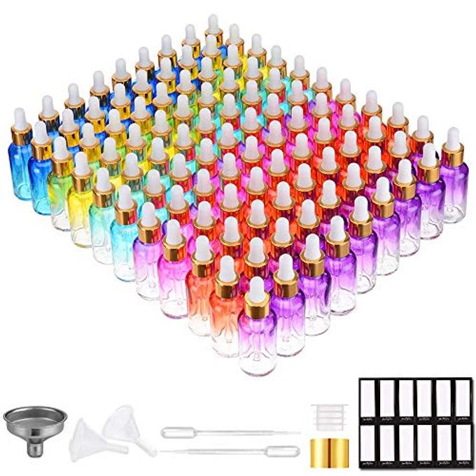 PrettyCare Glass Eye Dropper Bottles 99 Pack, 1Oz (30Ml) Rainbow Empty Thick Bottles Bulk With Leakproof Golden Caps With Labels & Funnels For Storage, Travel, Essential Oils, Cuticle, Tinctures - Image 1