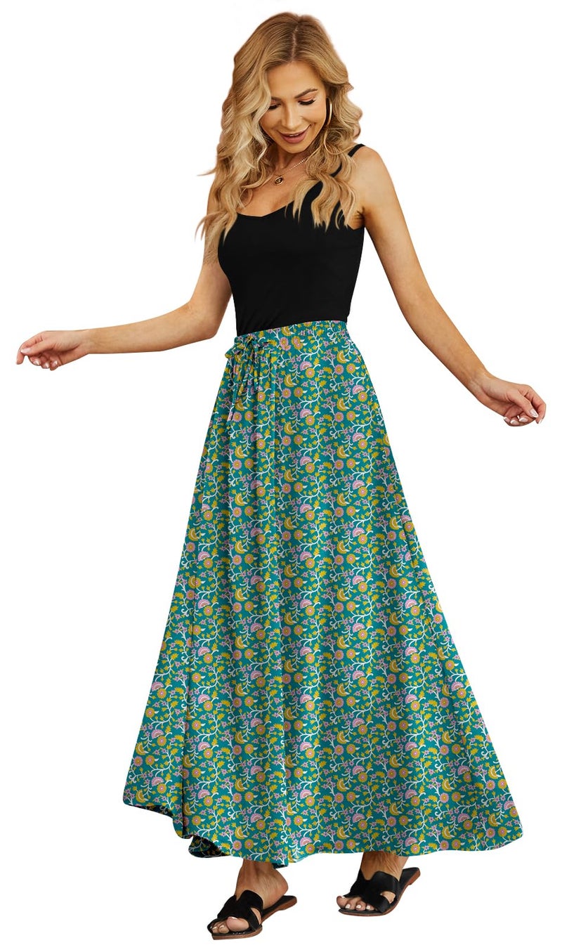 Yincro Women's Flowy Maxi Skirt Summer Pleated High Waisted Casual Long Skirts with Pockets (Yellow Floral Turquoise, XL) - Image 1