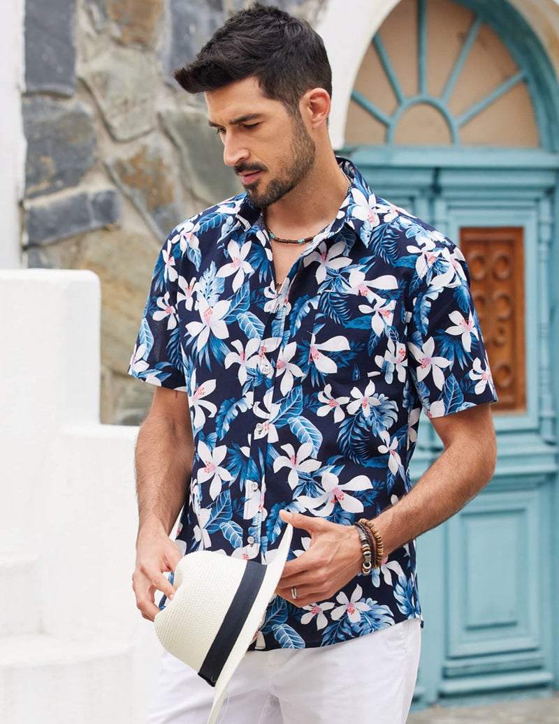 COOFANDY Mens Casual Button Down Shirt Short Sleeve Hawaiian Tropical Floral Shirt - Image 2
