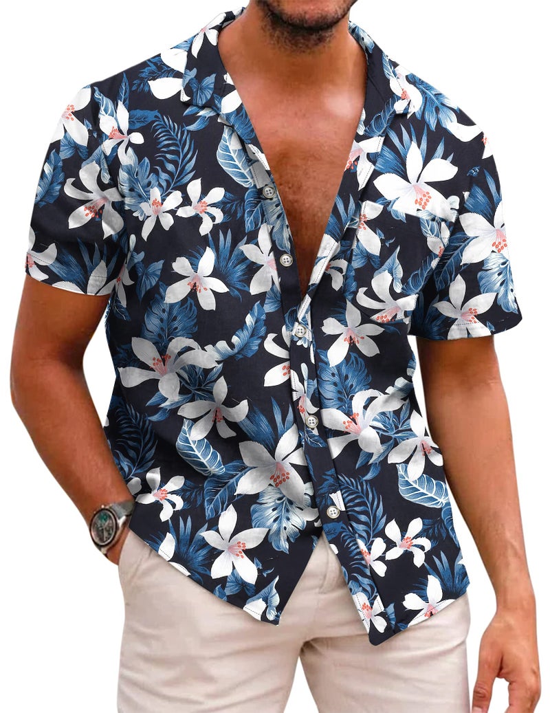 COOFANDY Mens Casual Button Down Shirt Short Sleeve Hawaiian Tropical Floral Shirt - Image 1