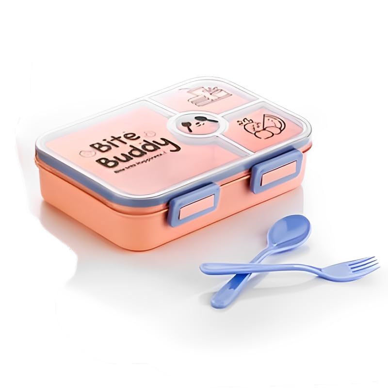 Puno Bite Buddy Kids Lunch Box – Leakproof Bento Tiffin Box with 3 Compartments & Spoon-Fork Set (Peach & Blue) - Image 1