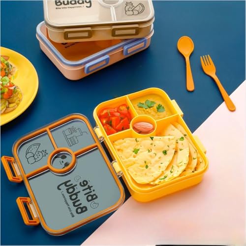 Puno Bite Buddy Kids Lunch Box – Leakproof Bento Tiffin Box with 3 Compartments & Spoon-Fork Set (Peach & Blue) - Image 5