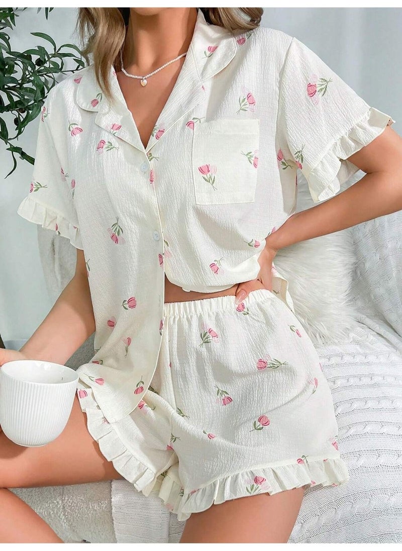 Bella Notte Floral Printed Ruffle Pajama Set  - Image 2