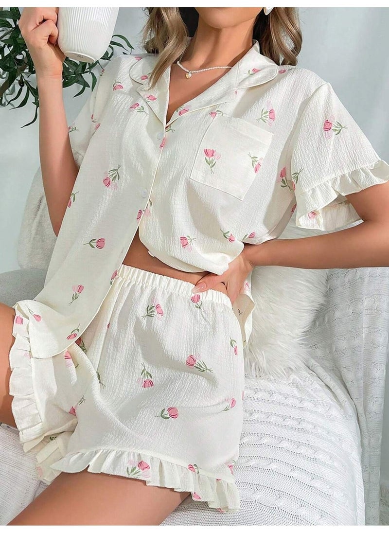 Bella Notte Floral Printed Ruffle Pajama Set  - Image 1