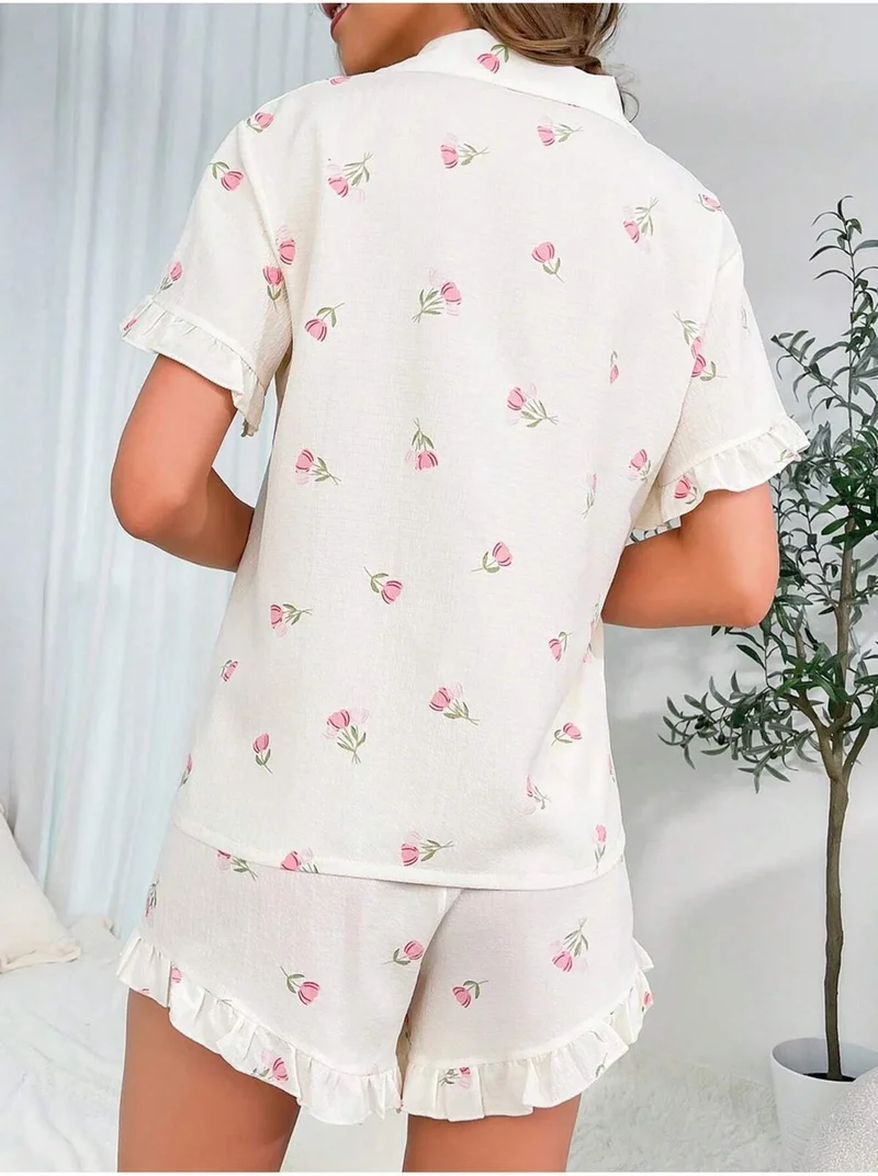 Bella Notte Floral Printed Ruffle Pajama Set