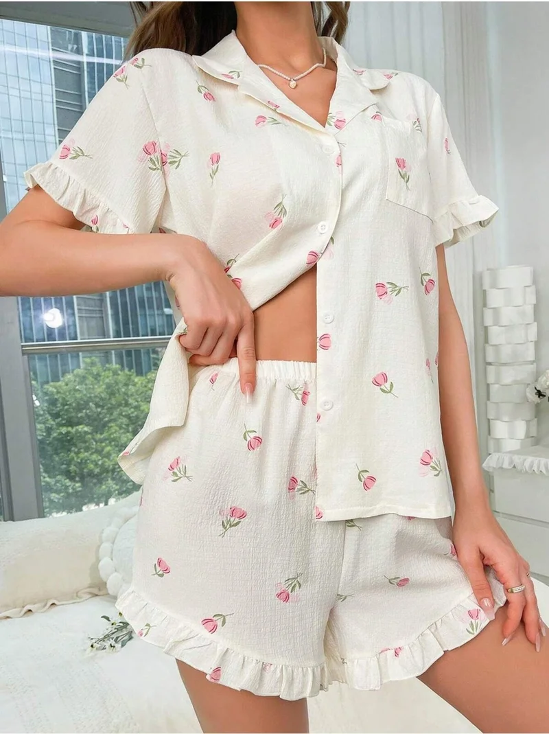Bella Notte Floral Printed Ruffle Pajama Set